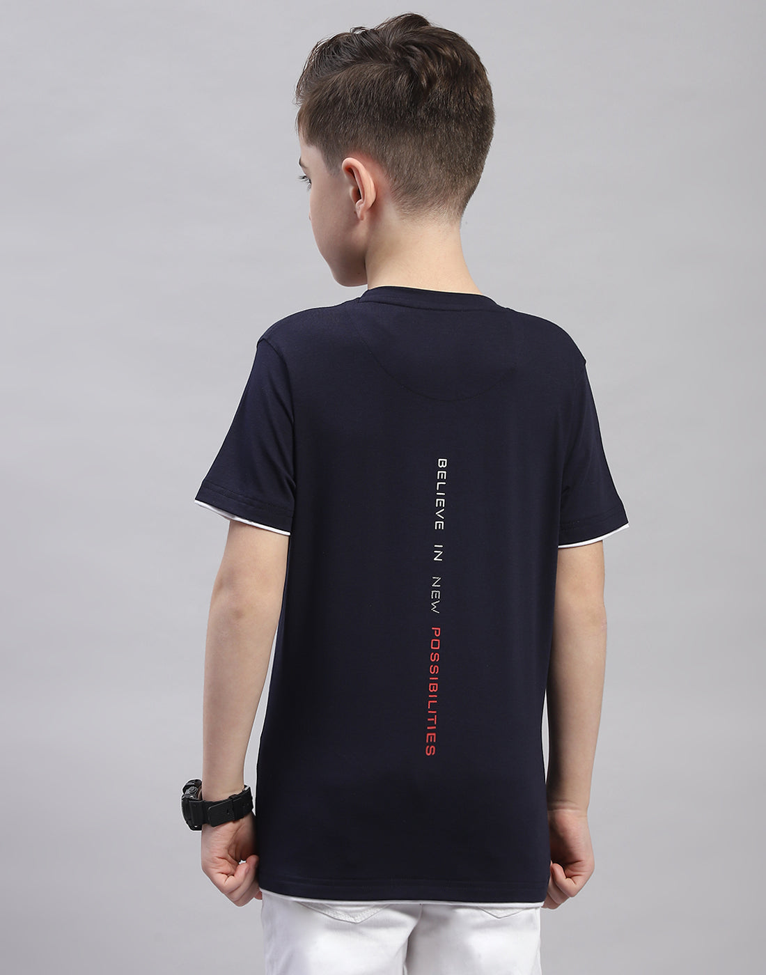 Boys Navy Blue Printed Round Neck Half Sleeve T-Shirt