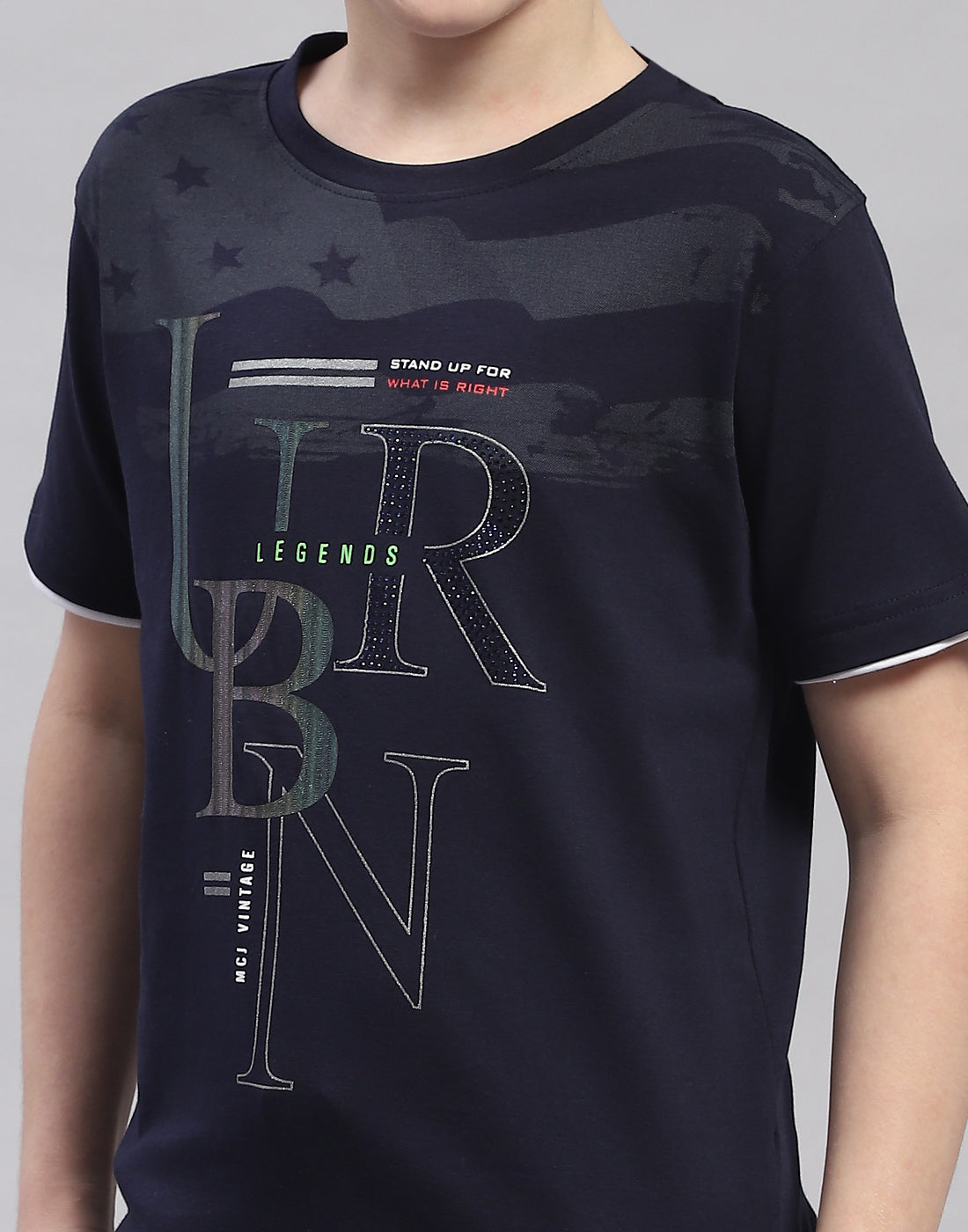 Boys Navy Blue Printed Round Neck Half Sleeve T-Shirt