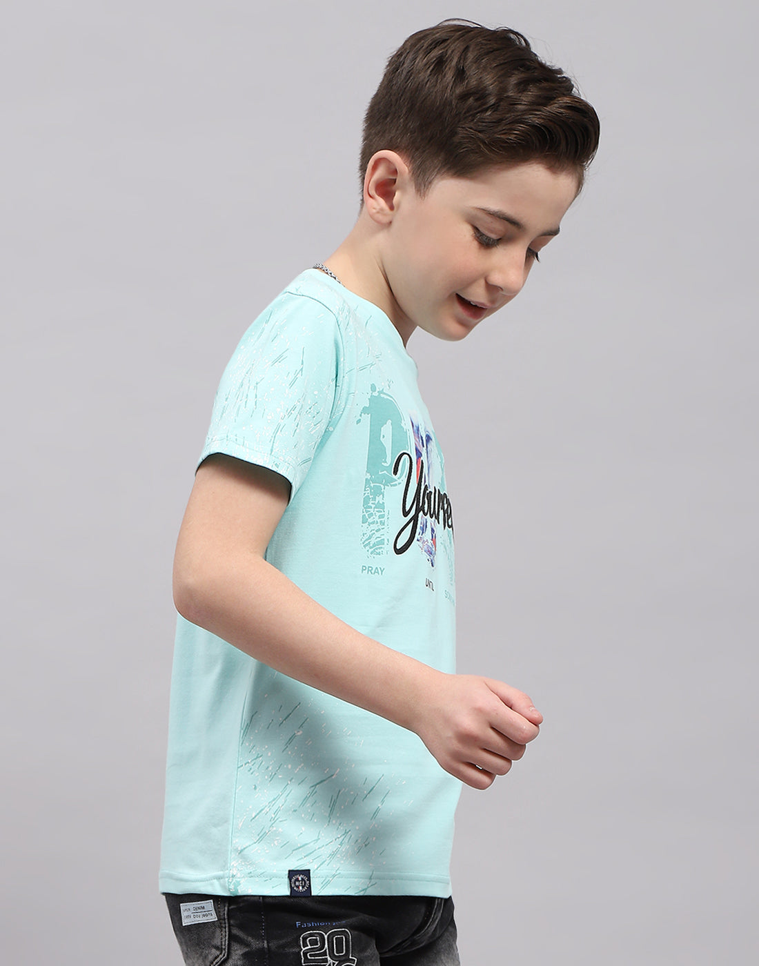 Boys Blue Printed Round Neck Half Sleeve T-Shirt