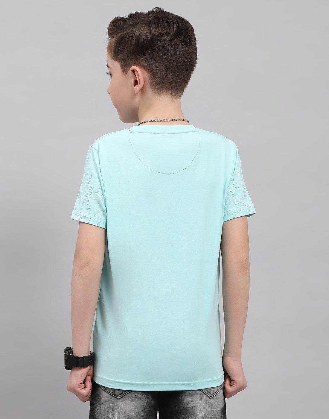 Boys Blue Printed Round Neck Half Sleeve T-Shirt