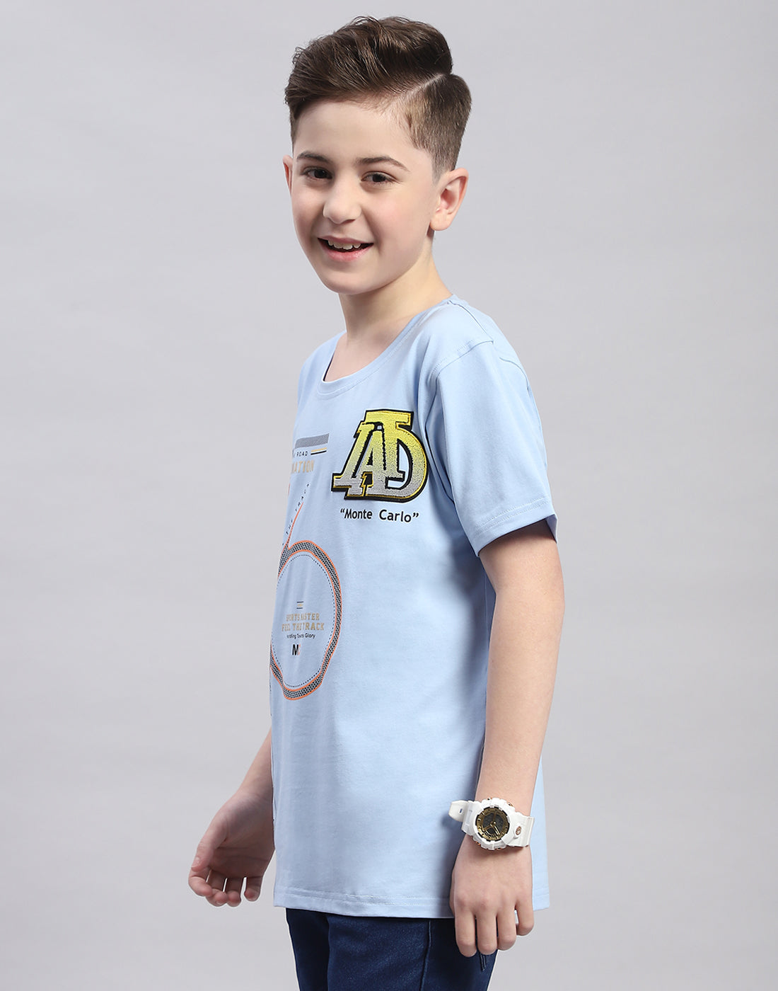 Boys Blue Printed Round Neck Half Sleeve T-Shirt
