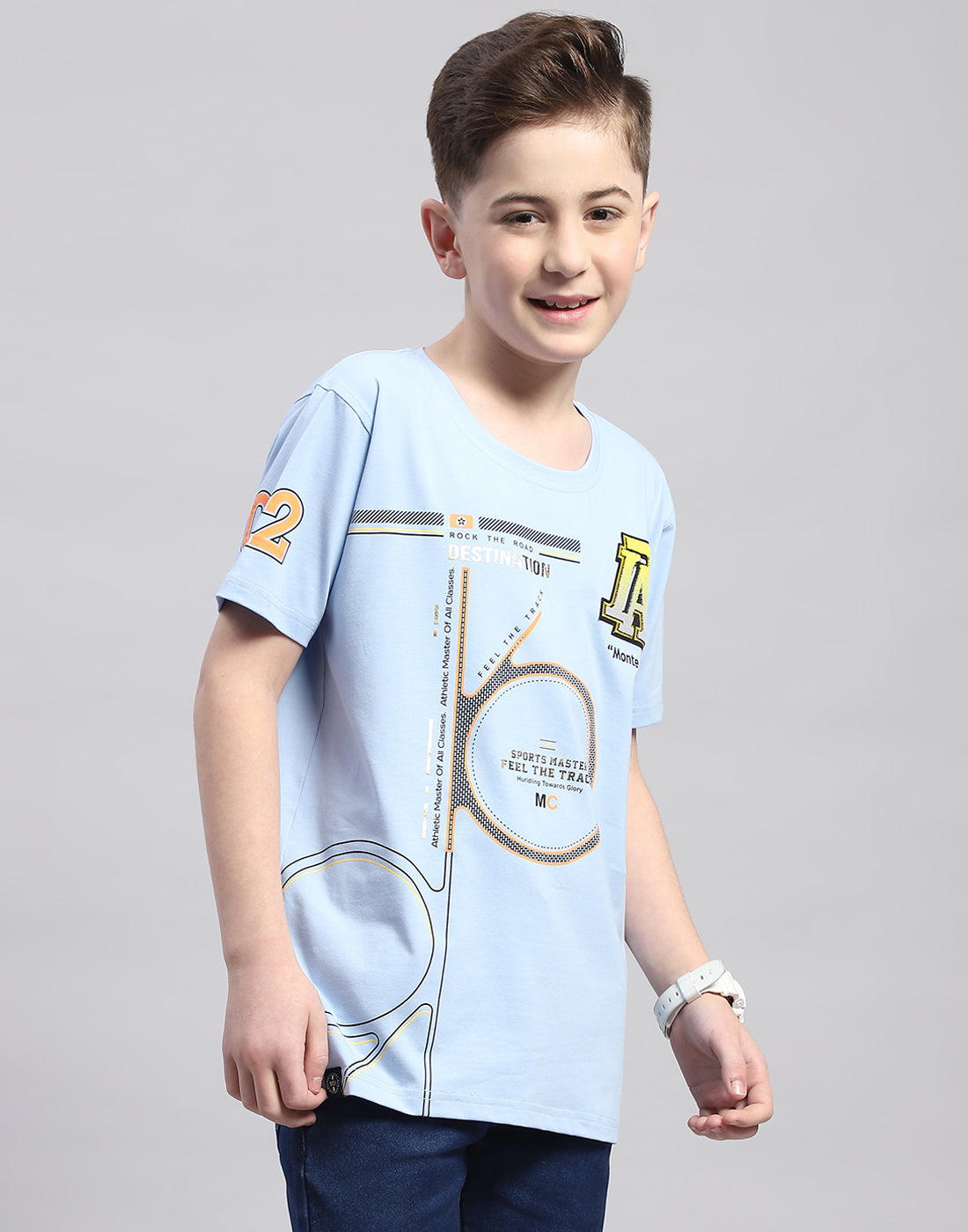 Boys Blue Printed Round Neck Half Sleeve T-Shirt