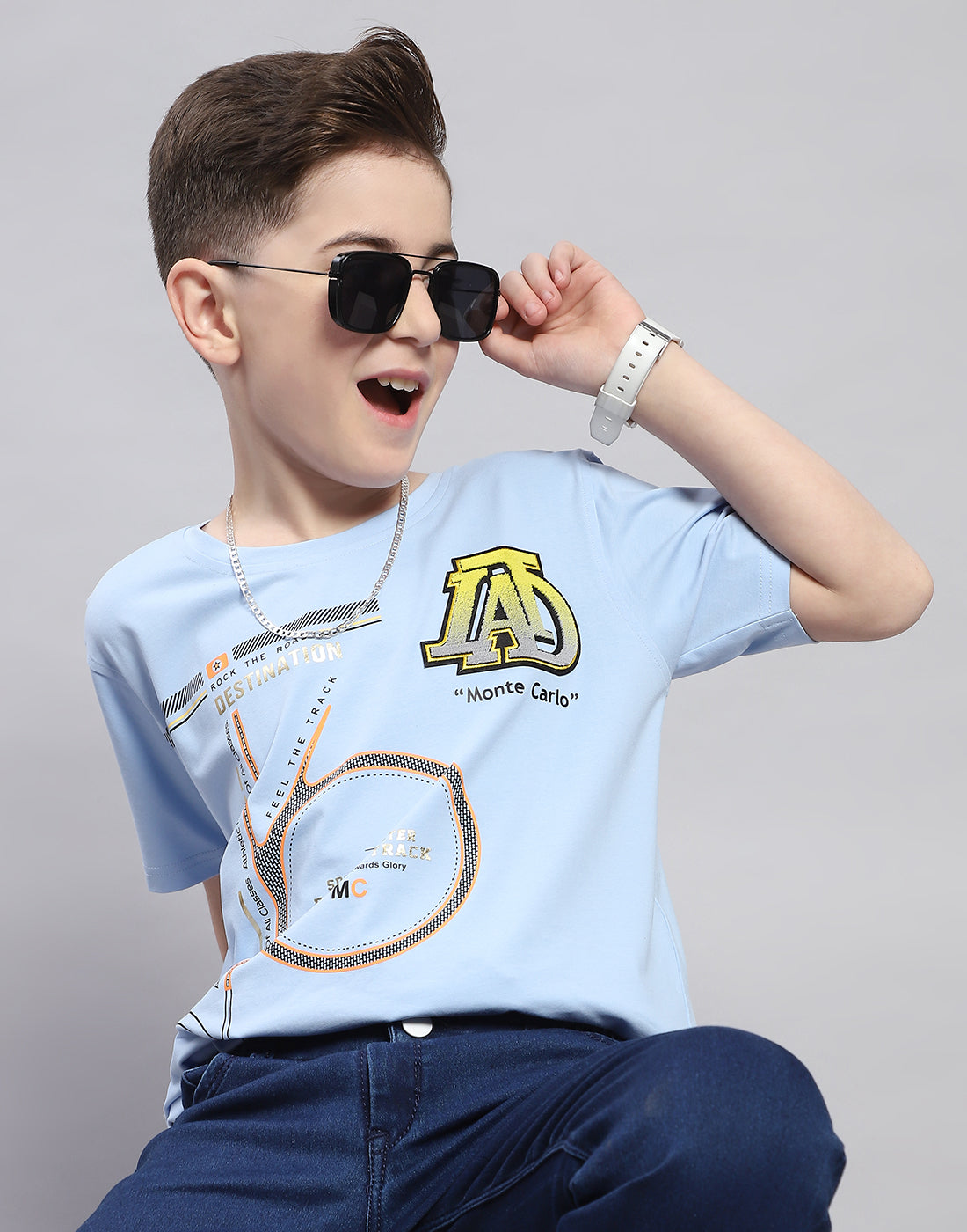 Boys Blue Printed Round Neck Half Sleeve T-Shirt