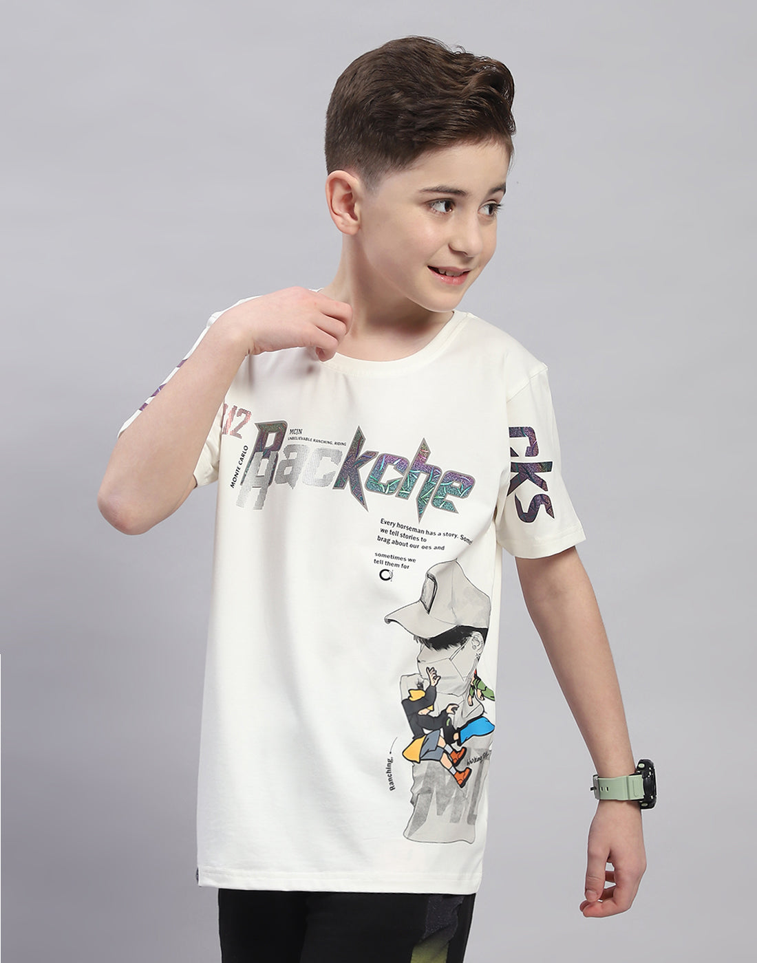 Boys Off White Printed Round Neck Half Sleeve T-Shirt