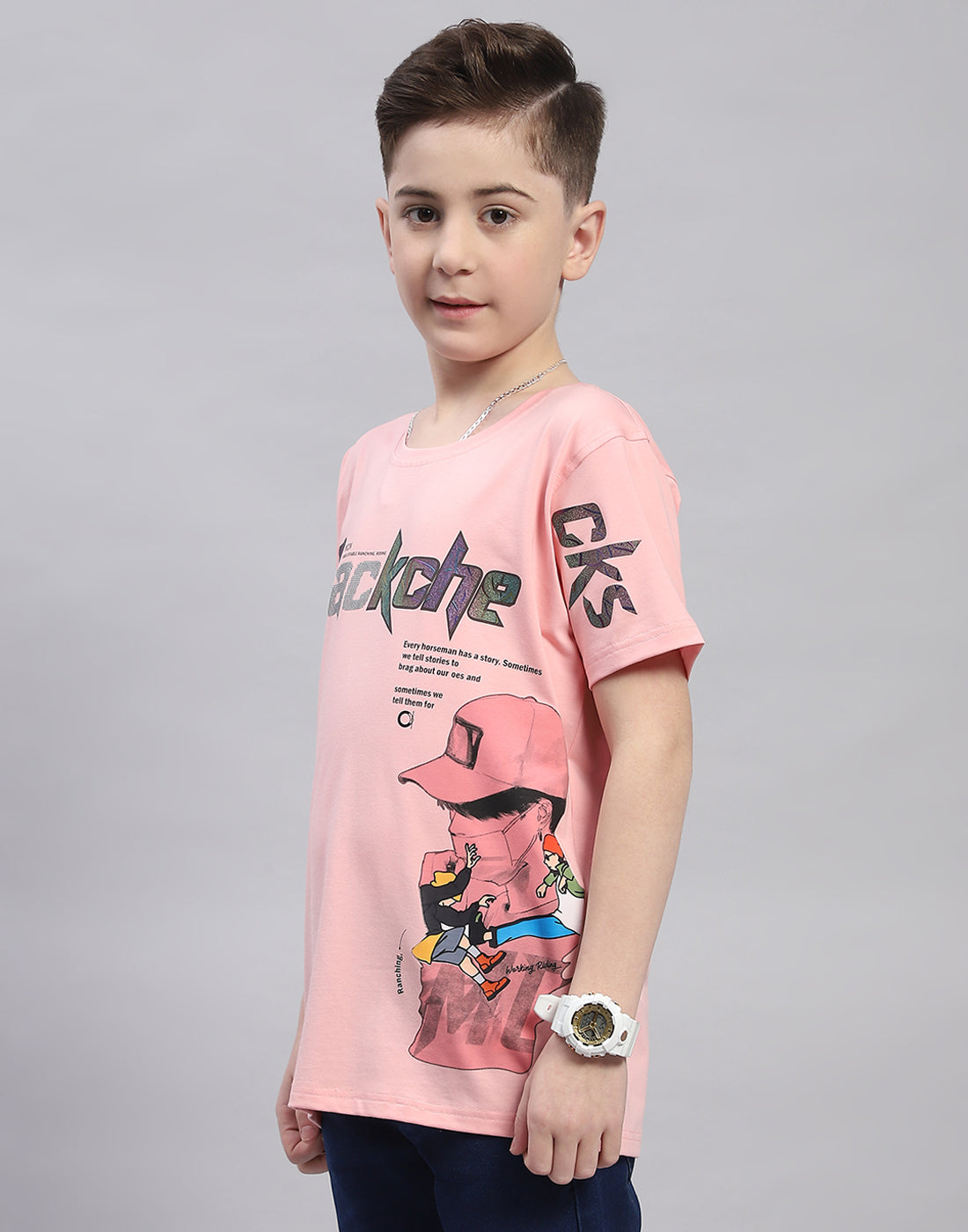 Boys Pink Printed Round Neck Half Sleeve T-Shirt
