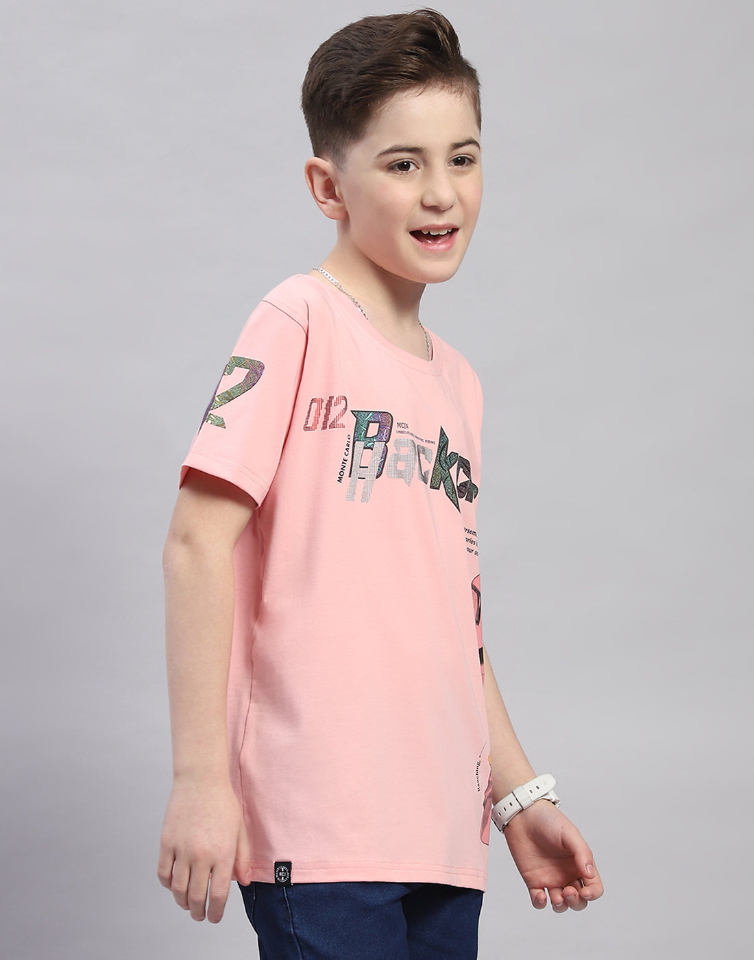 Boys Pink Printed Round Neck Half Sleeve T-Shirt