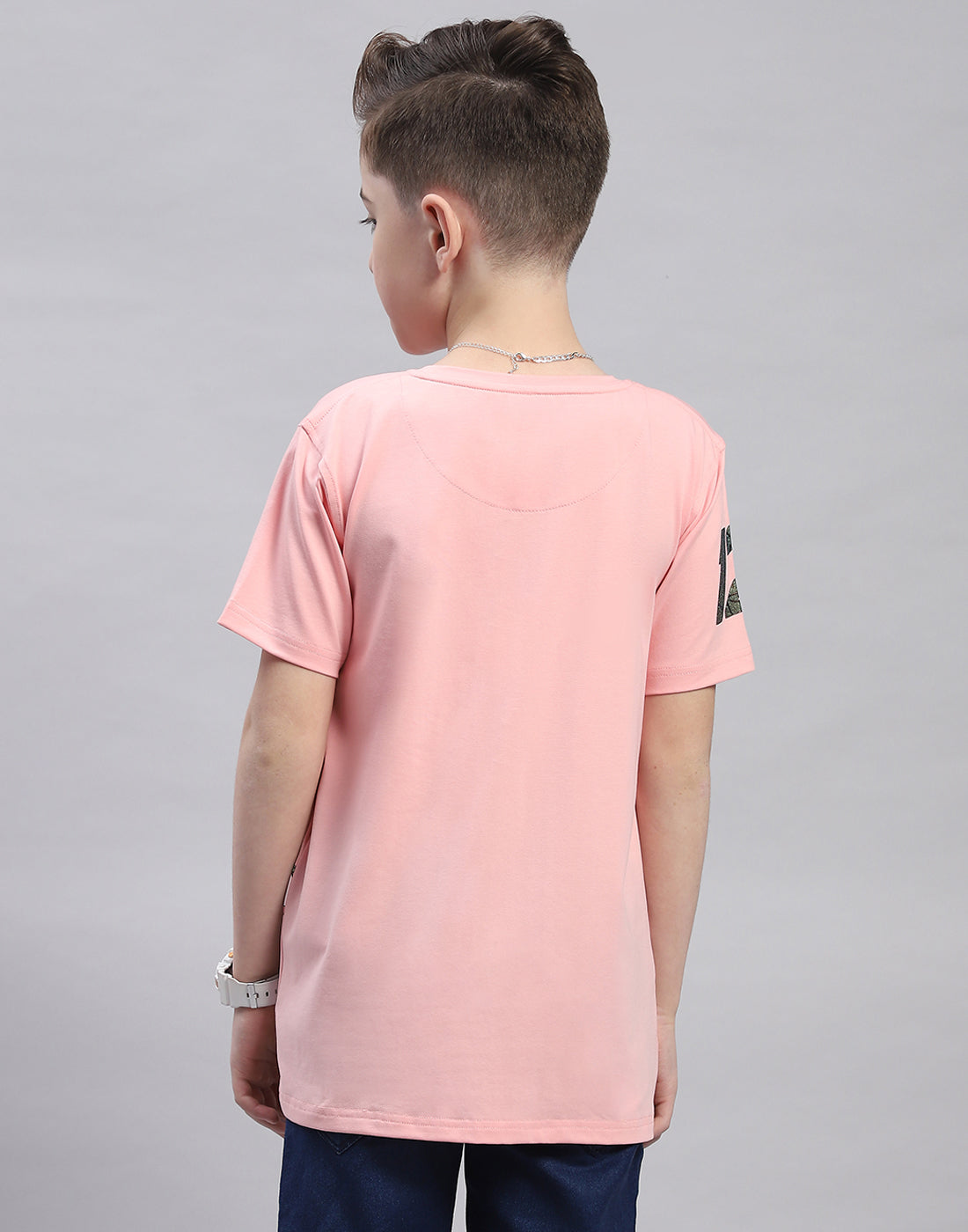Boys Pink Printed Round Neck Half Sleeve T-Shirt
