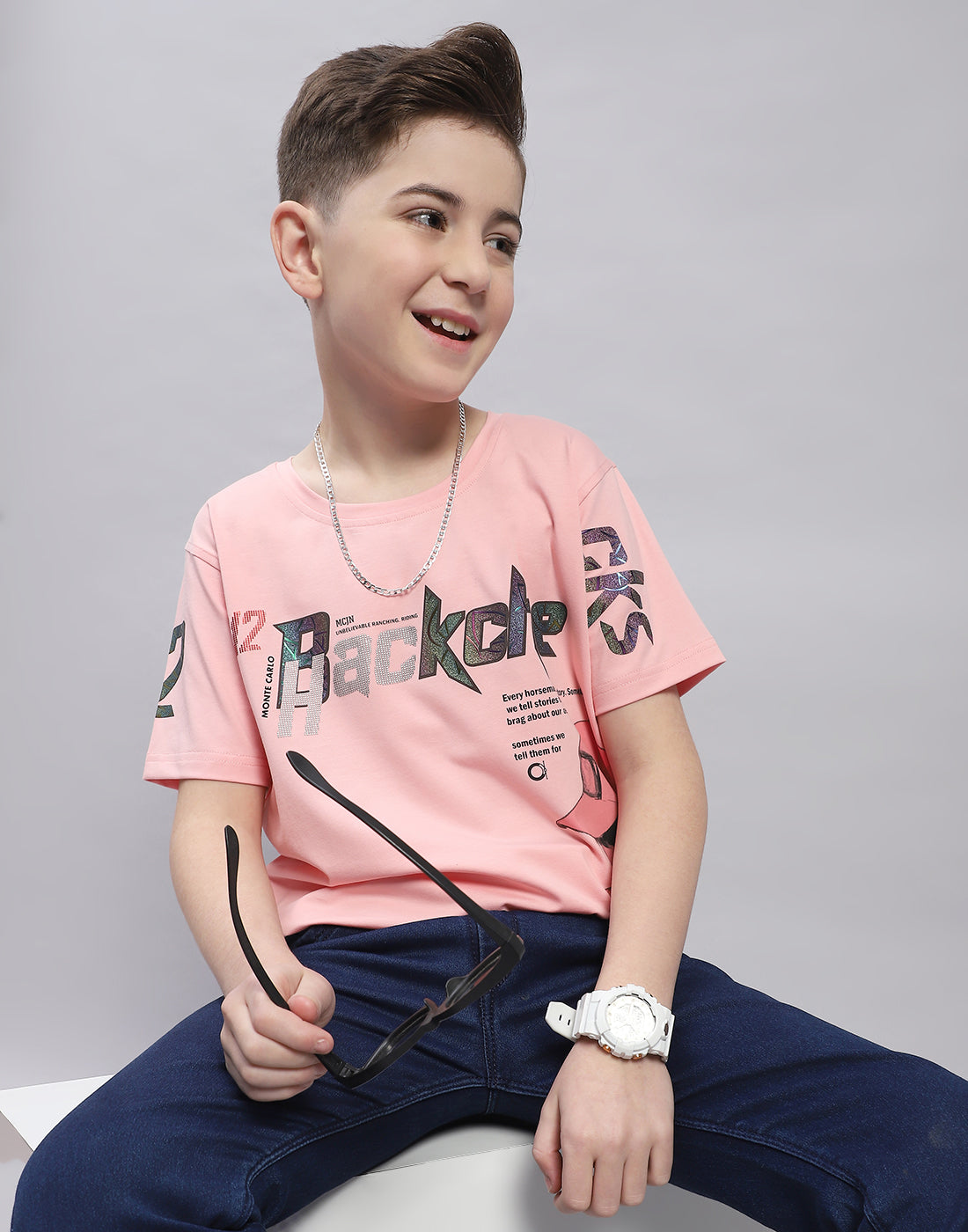 Boys Pink Printed Round Neck Half Sleeve T-Shirt