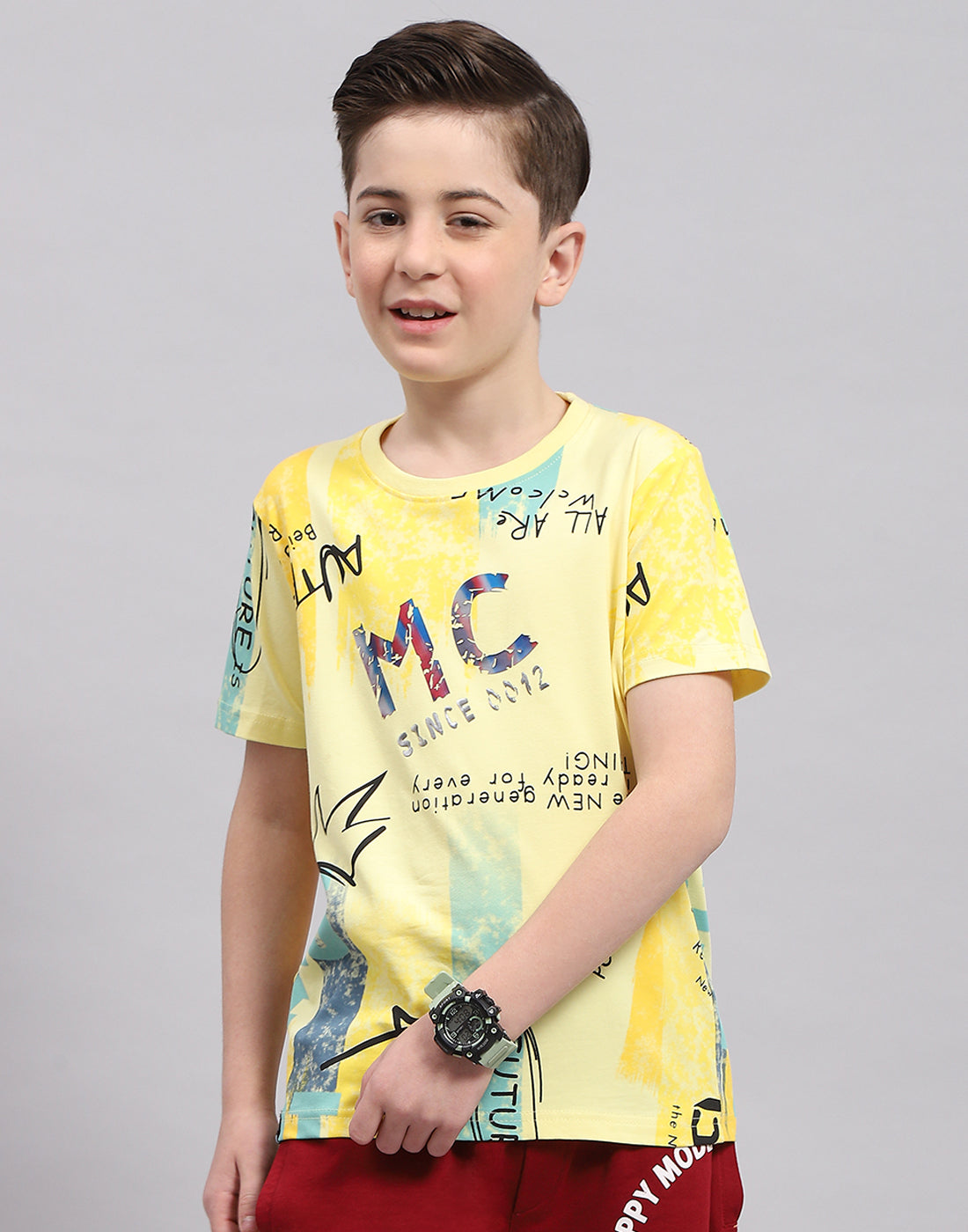 Boys Yellow Printed Round Neck Half Sleeve T-Shirt
