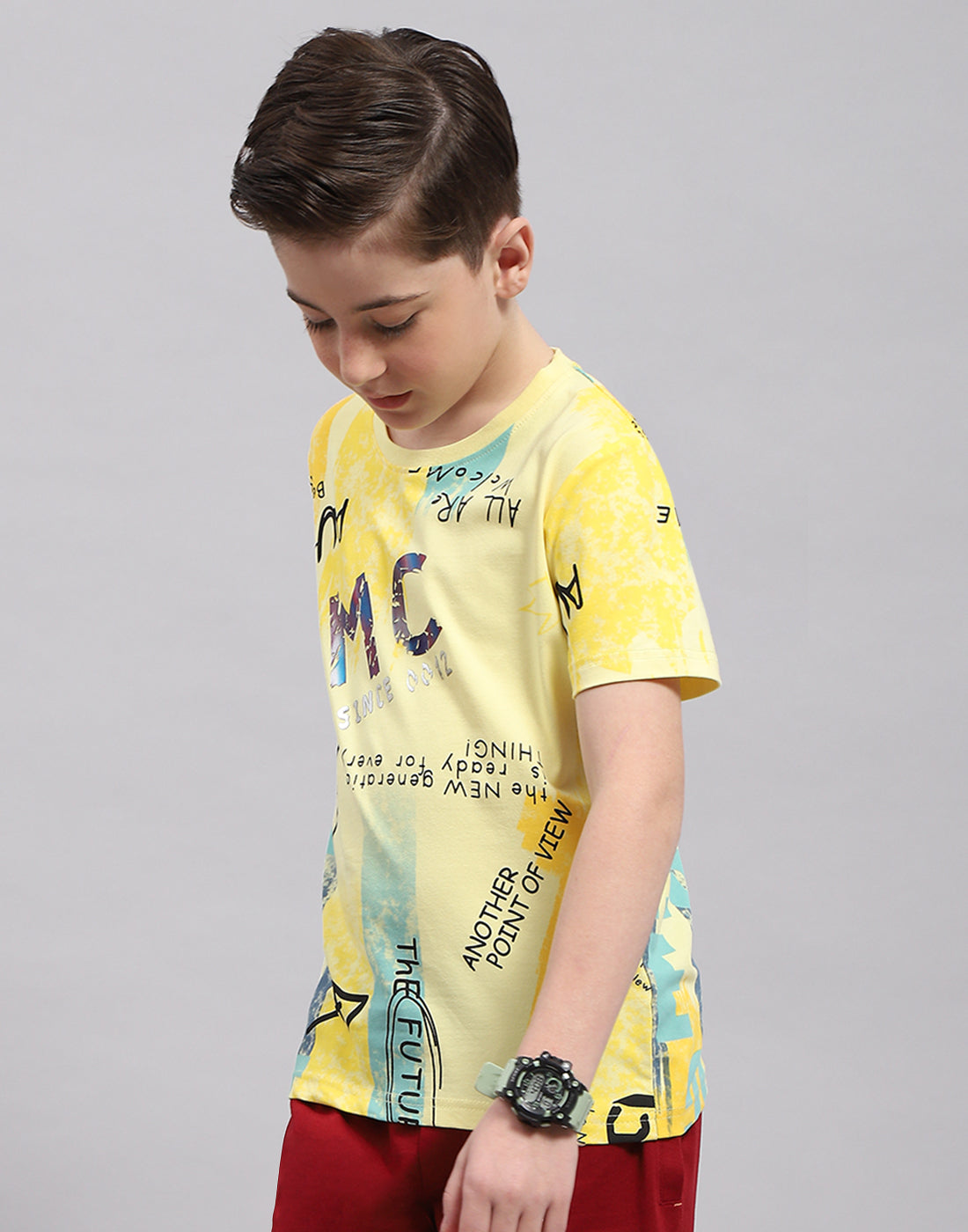 Boys Yellow Printed Round Neck Half Sleeve T-Shirt