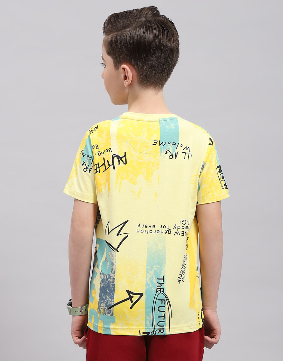 Boys Yellow Printed Round Neck Half Sleeve T-Shirt