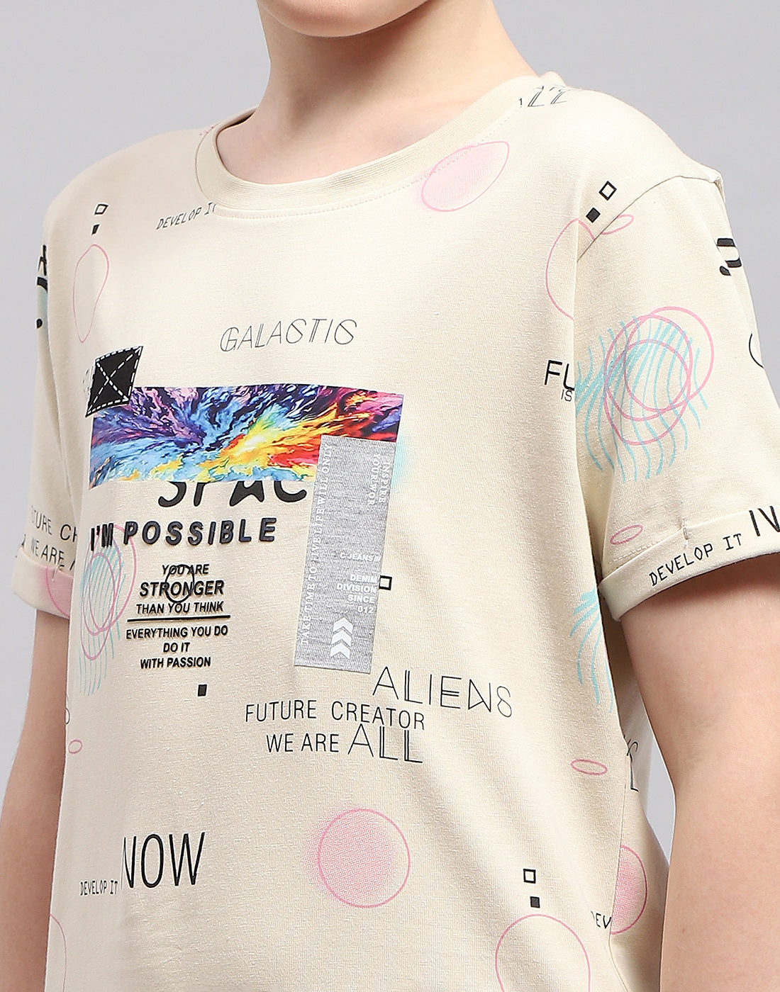 Boys Beige Printed Round Neck Half Sleeve T-Shirt
