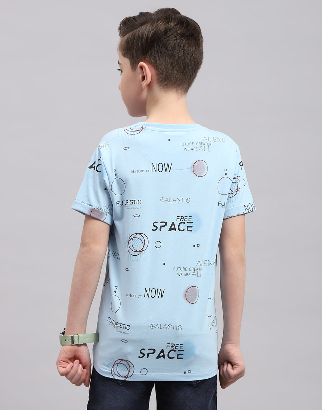 Boys Blue Printed Round Neck Half Sleeve T-Shirt