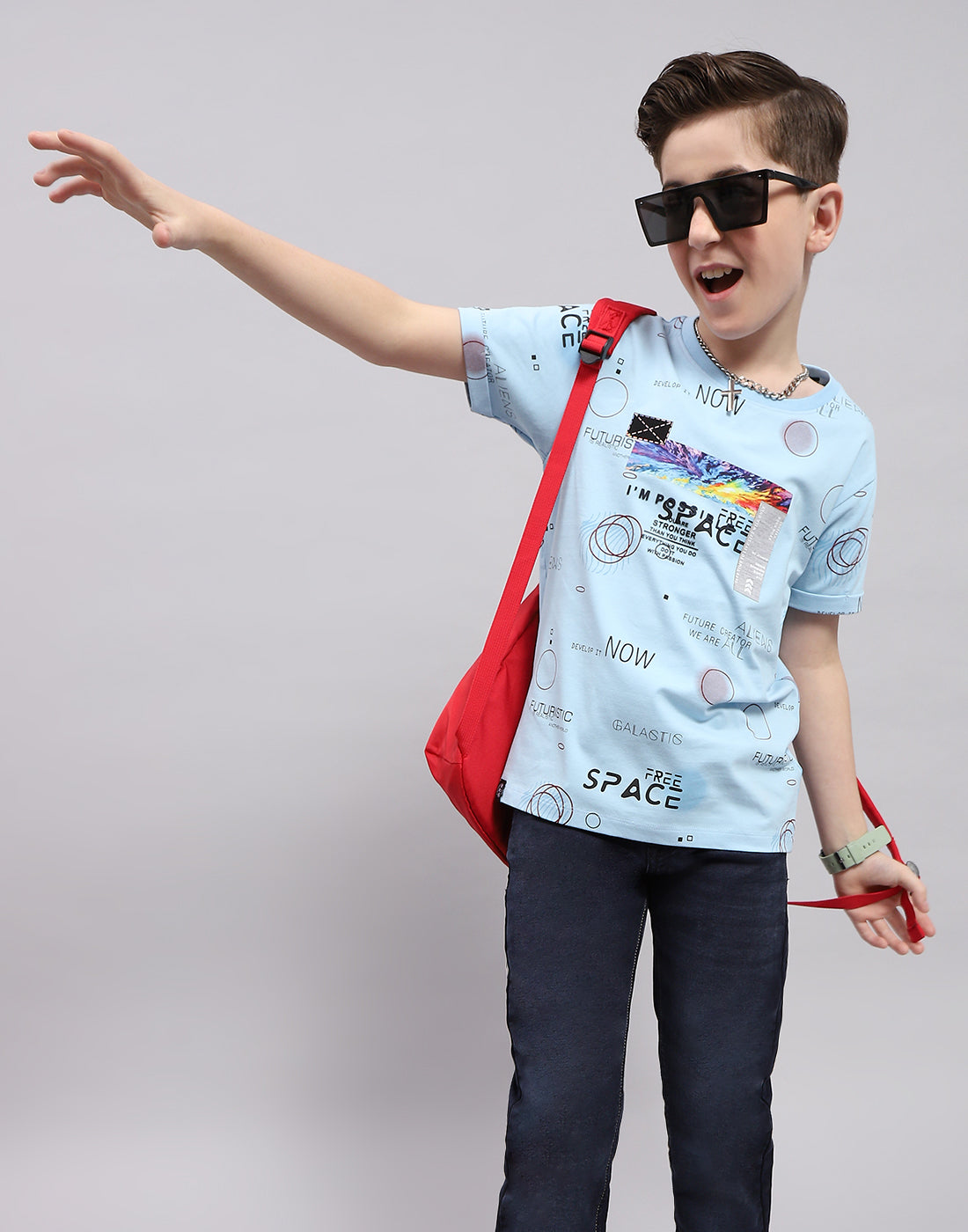 Boys Blue Printed Round Neck Half Sleeve T-Shirt