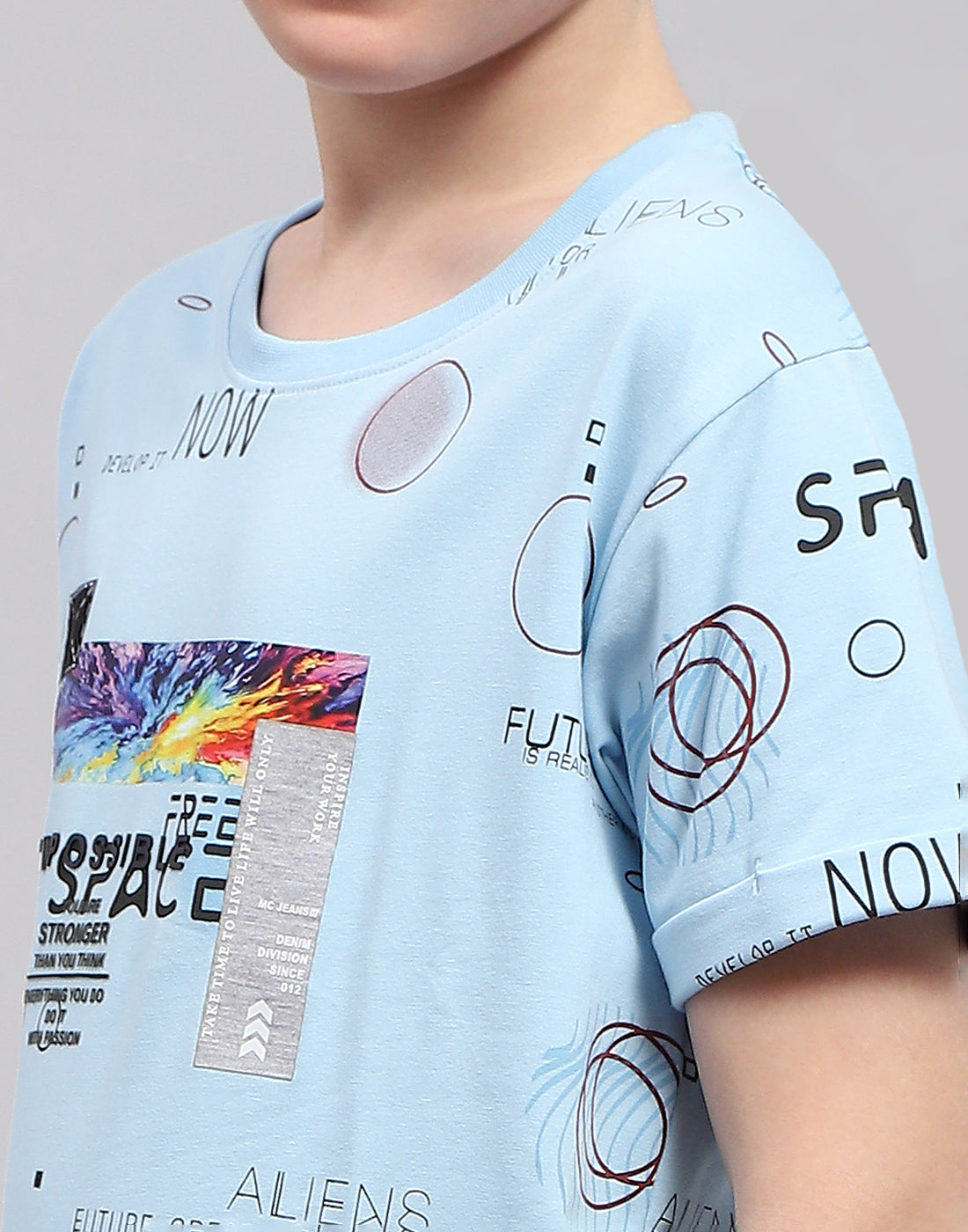 Boys Blue Printed Round Neck Half Sleeve T-Shirt