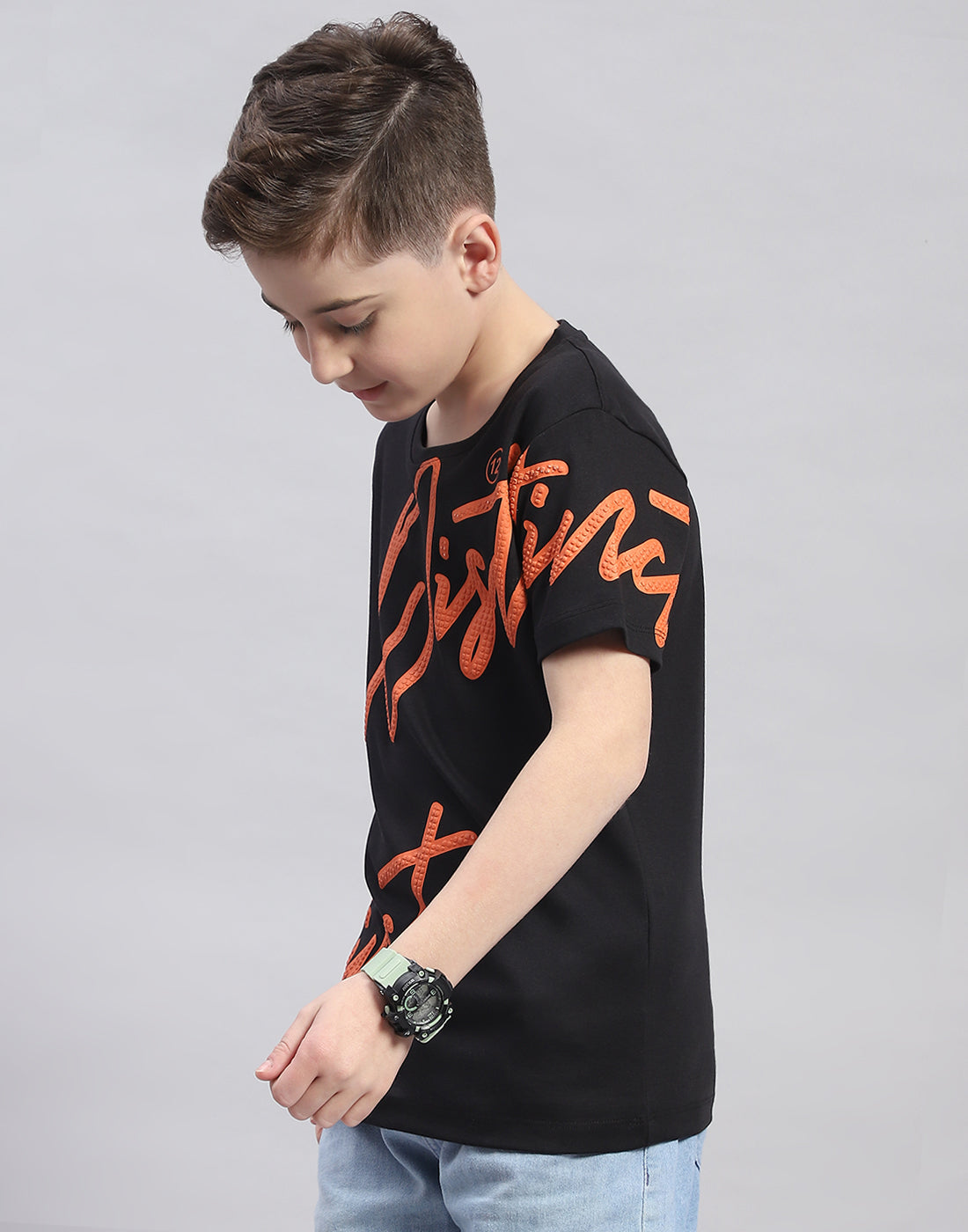 Boys Black Printed Round Neck Half Sleeve T-Shirt