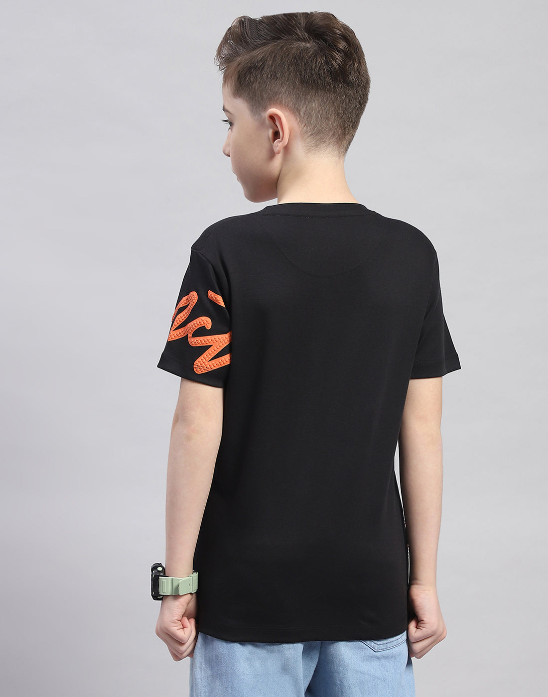 Boys Black Printed Round Neck Half Sleeve T-Shirt