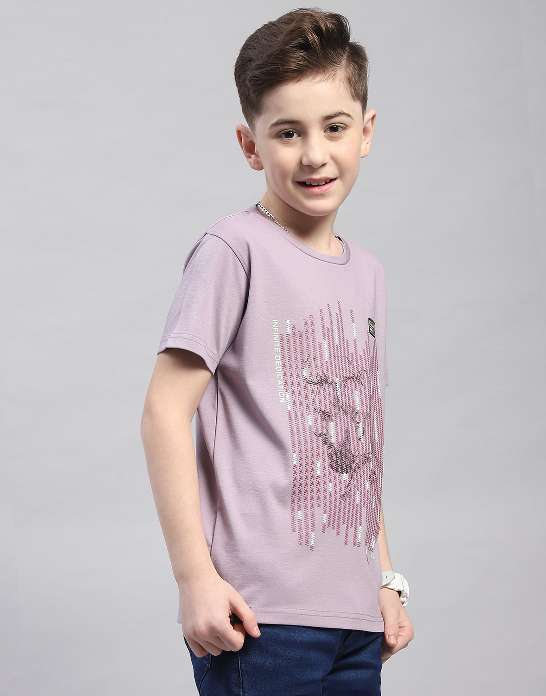 Boys Mauve Printed Round Neck Half Sleeve T-Shirt