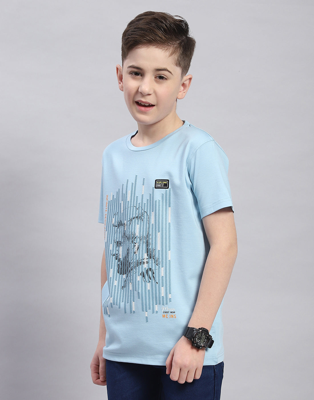 Boys Blue Printed Round Neck Half Sleeve T-Shirt