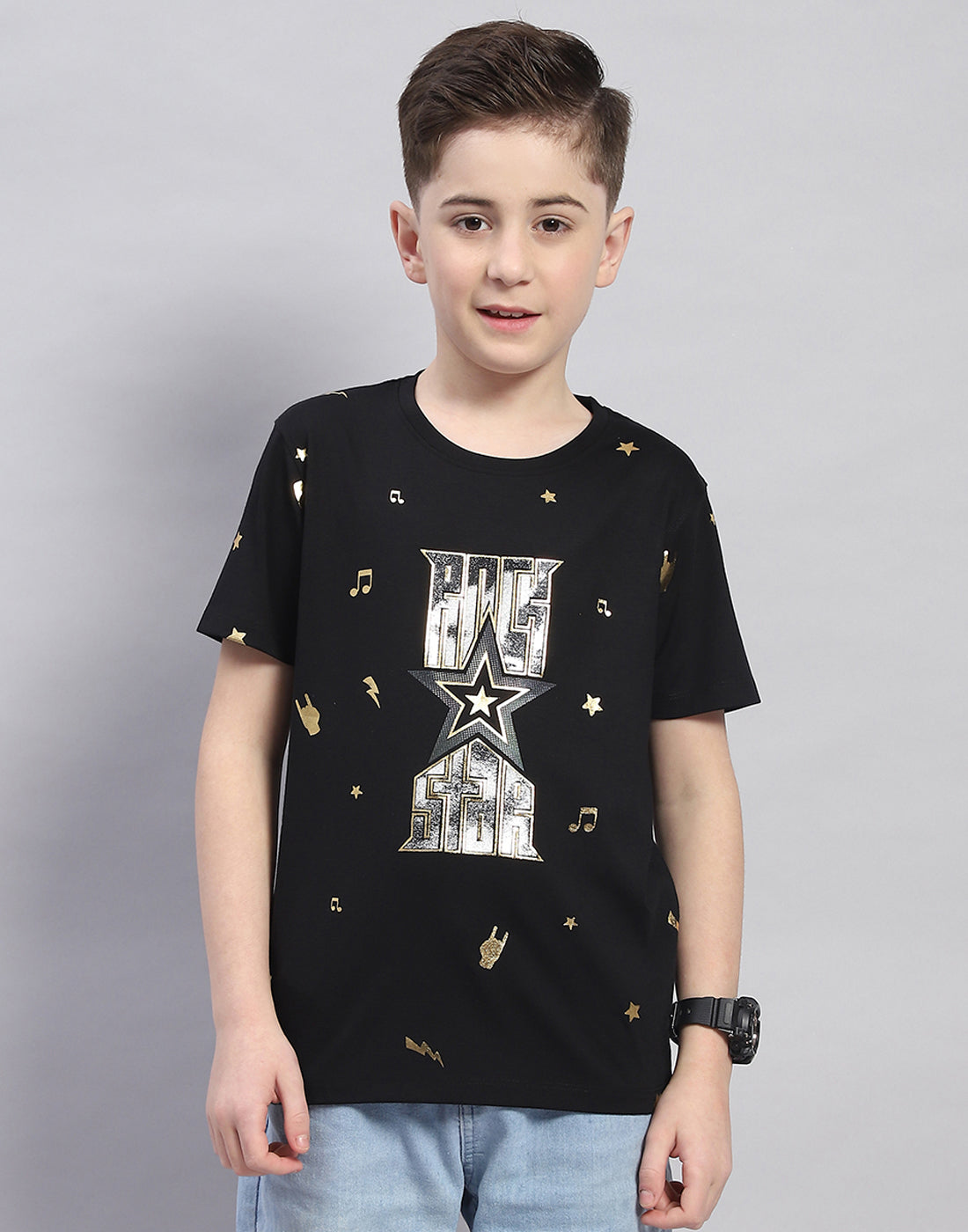 Boys Black Printed Round Neck Half Sleeve T-Shirt