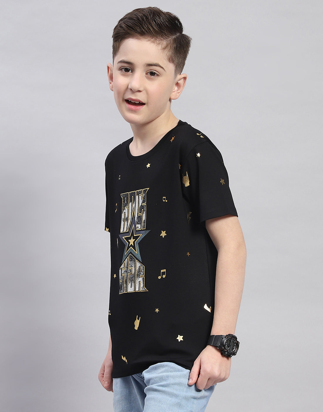 Boys Black Printed Round Neck Half Sleeve T-Shirt