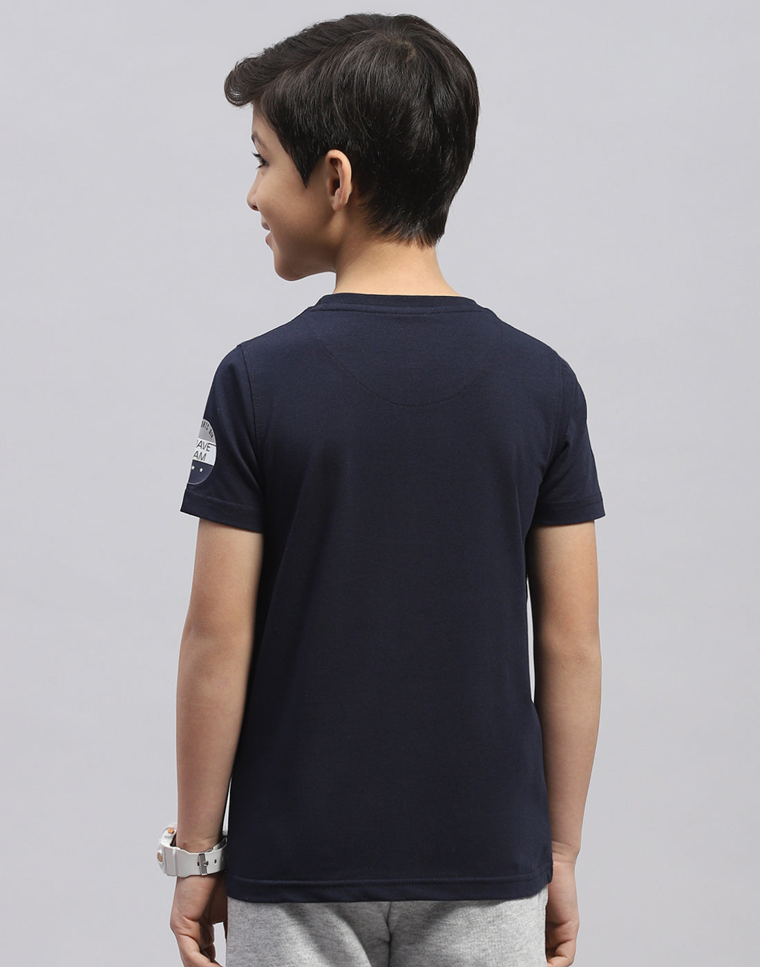 Boys Navy Blue Printed Round Neck Half Sleeve T-Shirt