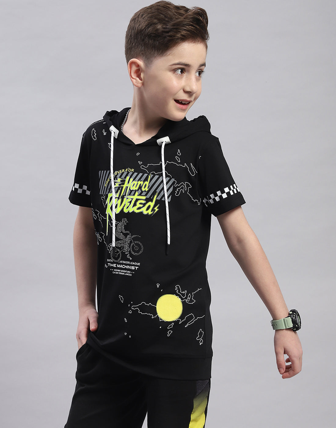Boys Black Printed Hooded Half Sleeve T-Shirt