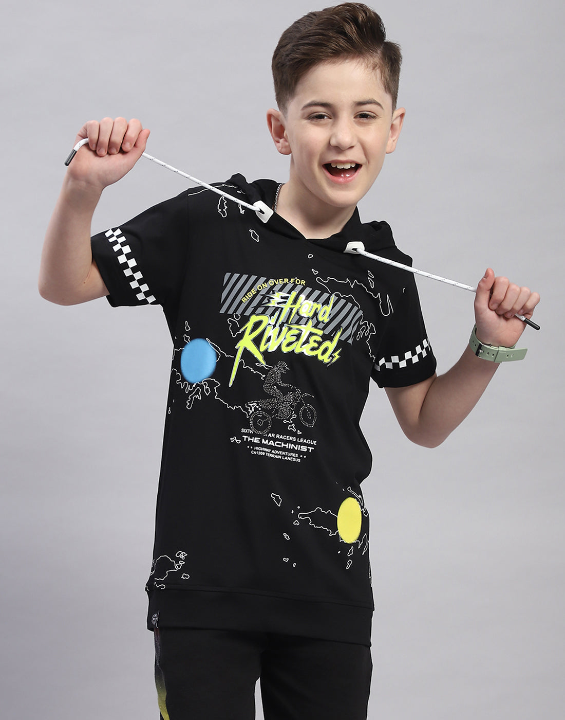 Boys Black Printed Hooded Half Sleeve T-Shirt