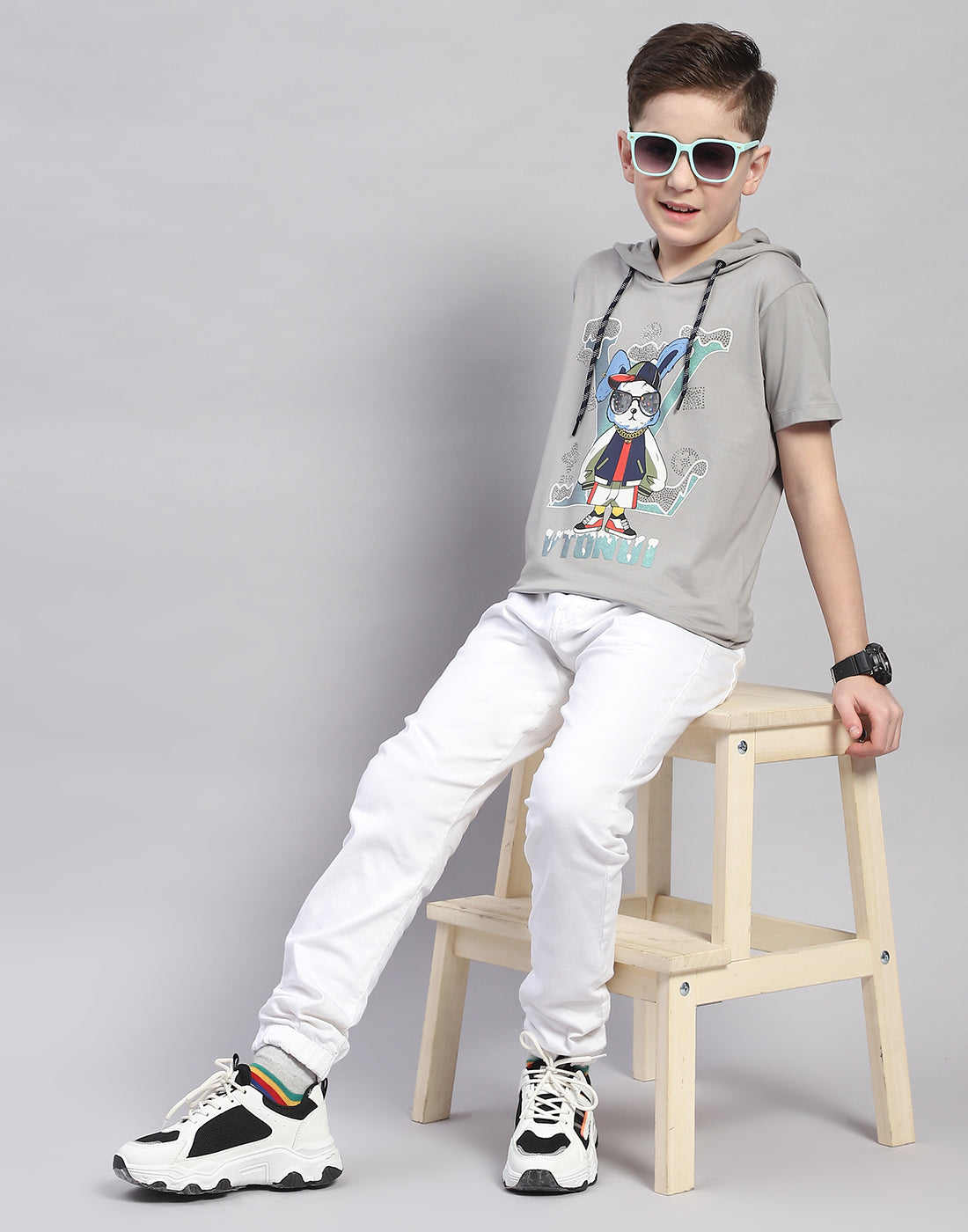 Boys Grey Printed Hooded Half Sleeve T-Shirt