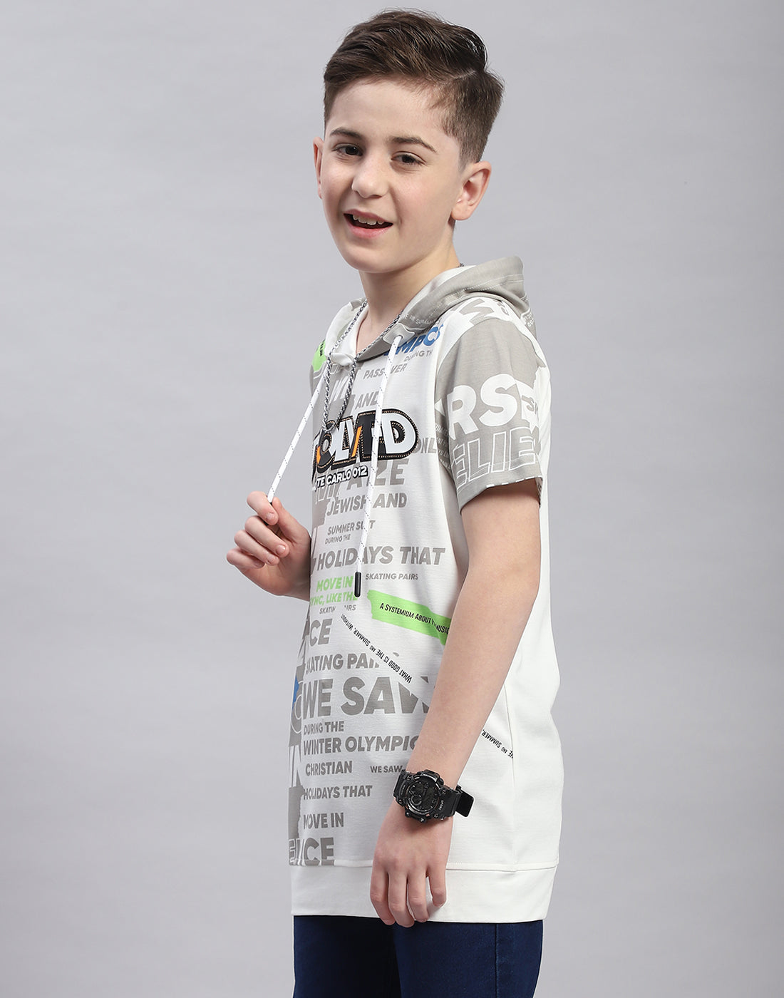 Boys Grey Printed Hooded Half Sleeve T-Shirt