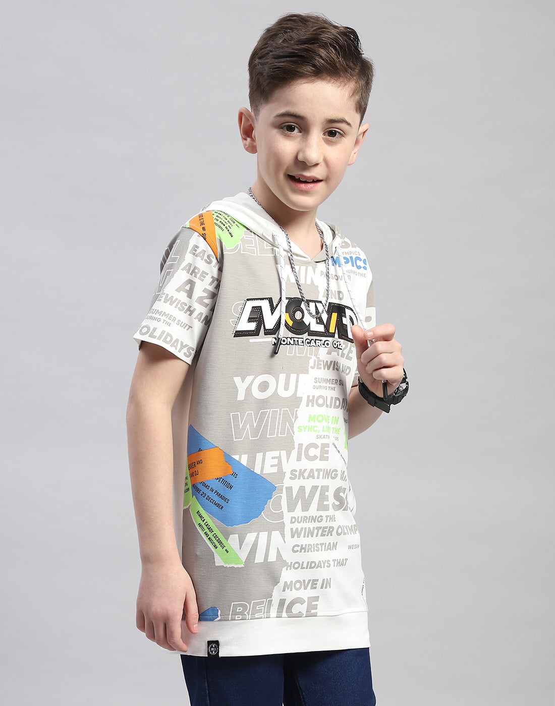 Boys Grey Printed Hooded Half Sleeve T-Shirt