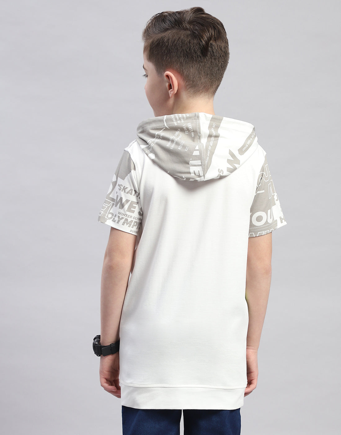 Boys Grey Printed Hooded Half Sleeve T-Shirt