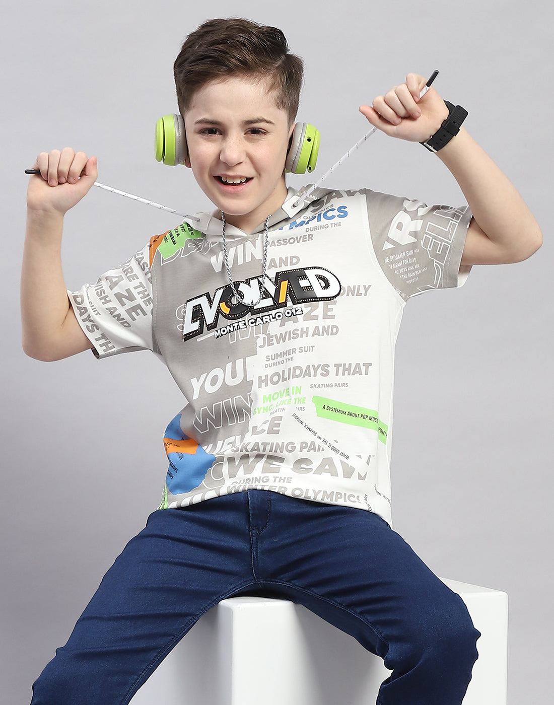 Boys Grey Printed Hooded Half Sleeve T-Shirt