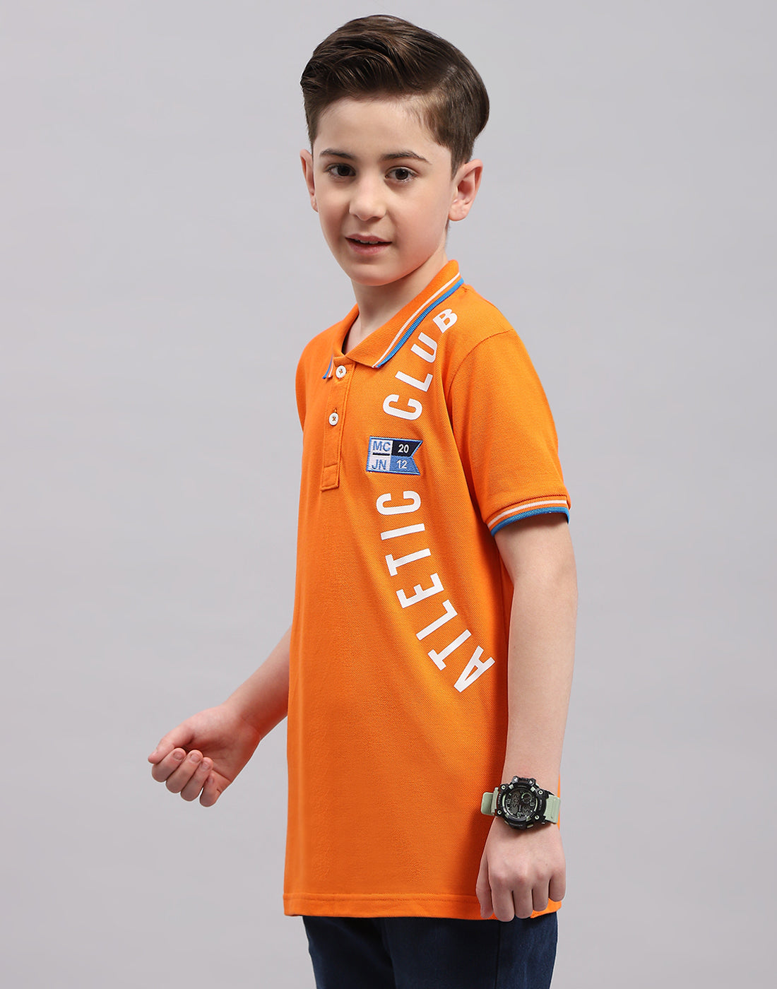 Boys Orange Printed Polo Collar Half Sleeve T-Shirt