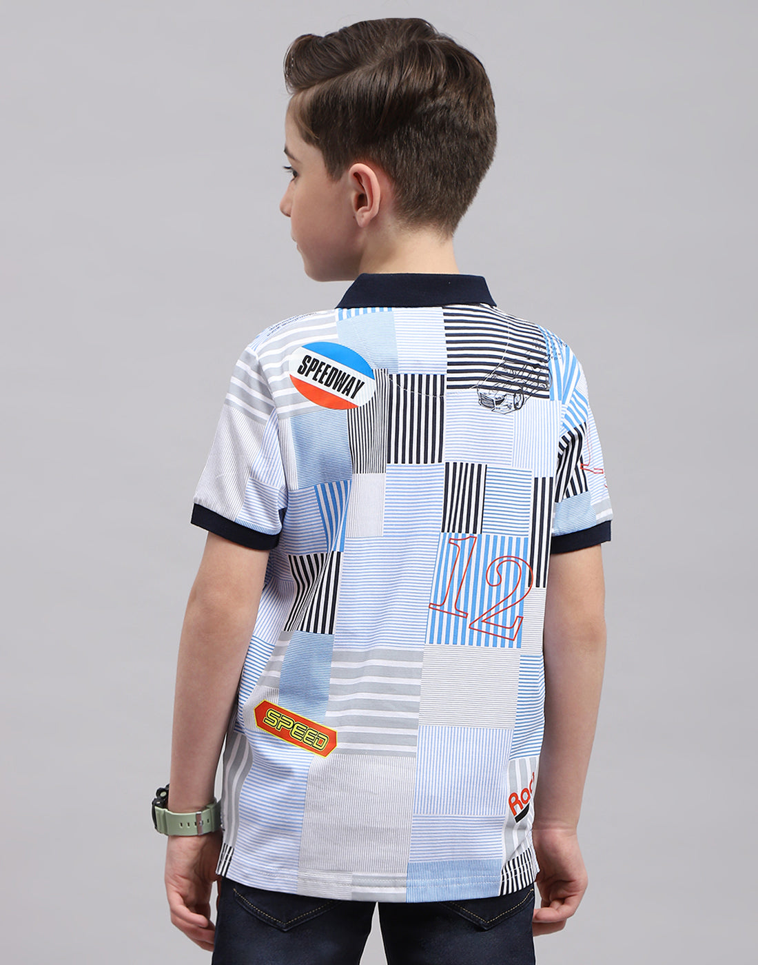 Boys Blue Printed Polo Collar Half Sleeve T-Shirt