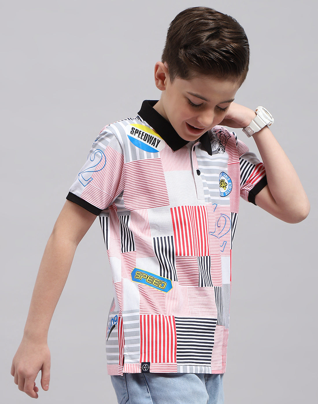 Boys Red Printed Polo Collar Half Sleeve T-Shirt