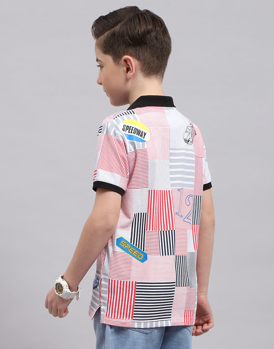 Boys Red Printed Polo Collar Half Sleeve T-Shirt