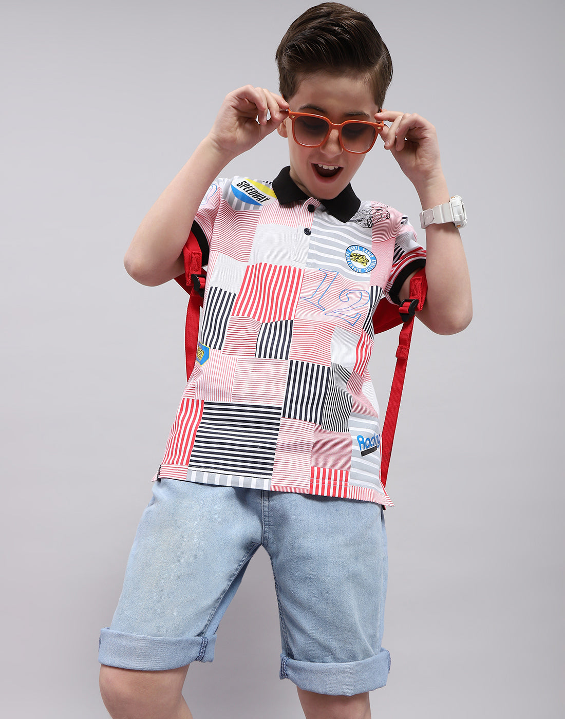 Boys Red Printed Polo Collar Half Sleeve T-Shirt