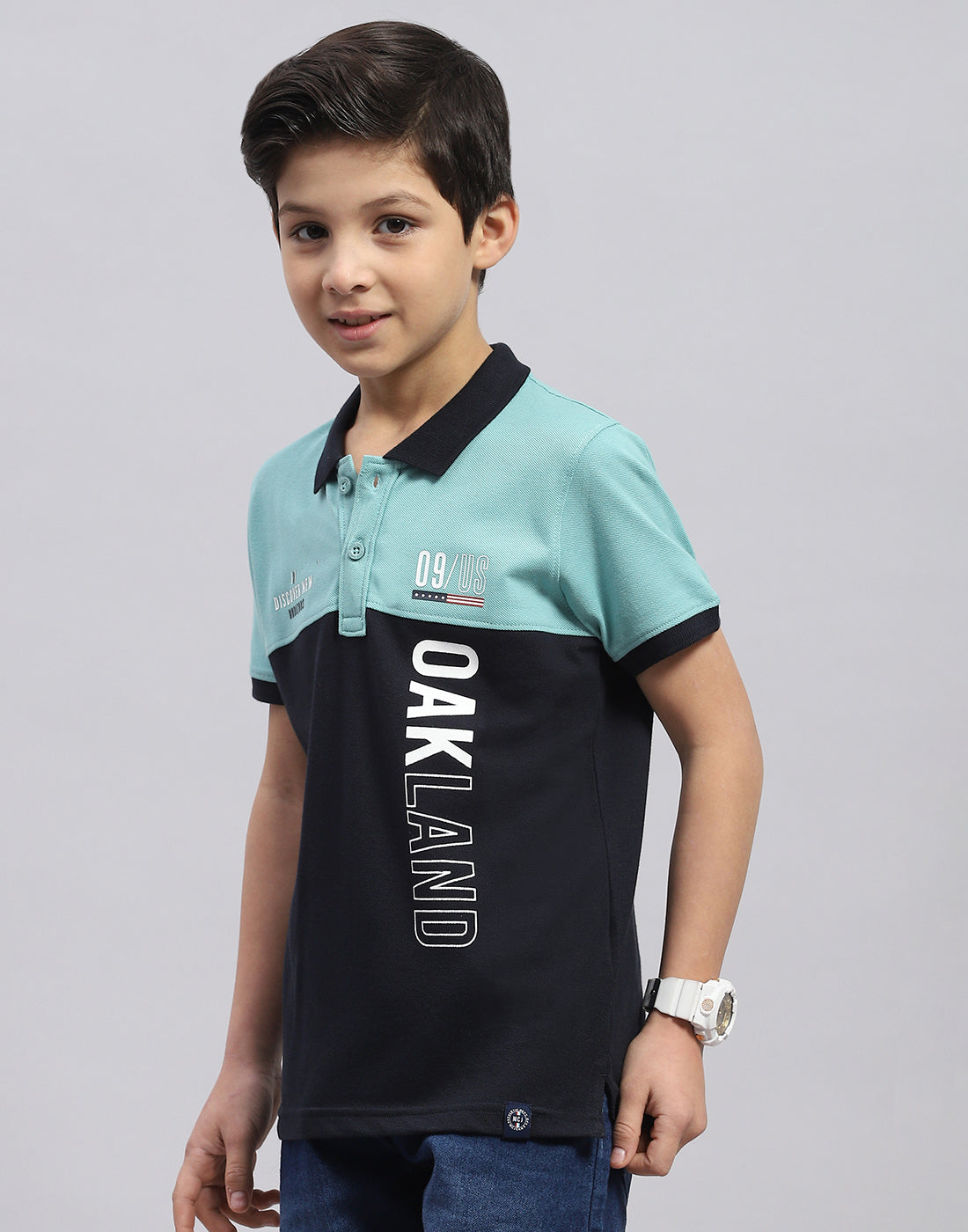 Boys Blue Printed Polo Collar Half Sleeve T-Shirt