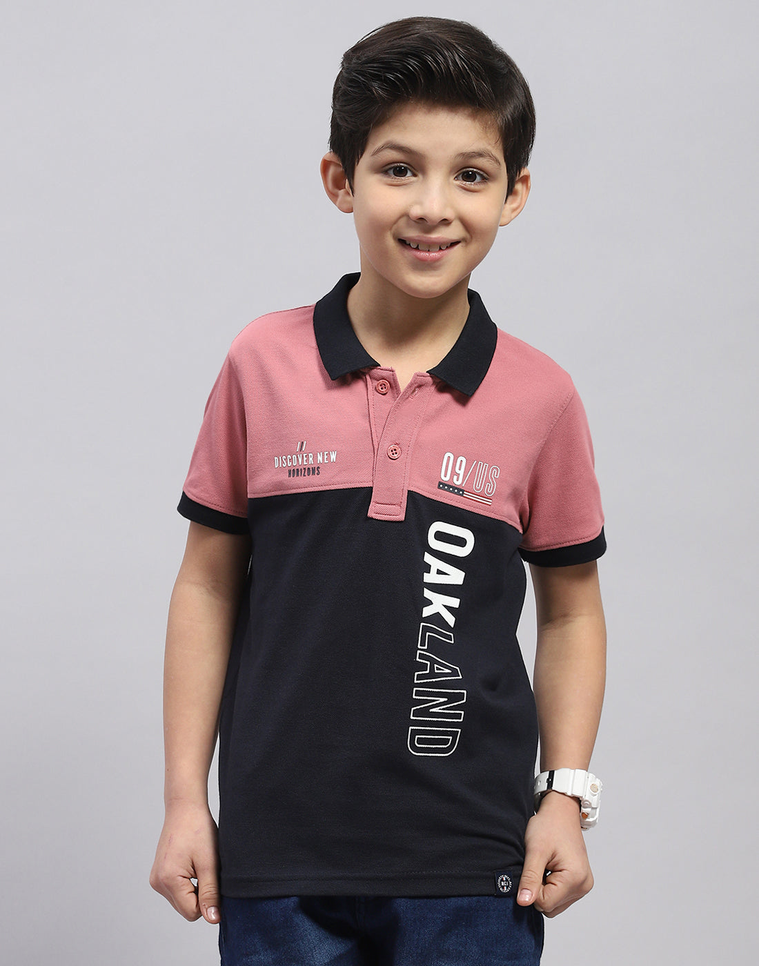 Boys Pink Printed Polo Collar Half Sleeve T-Shirt
