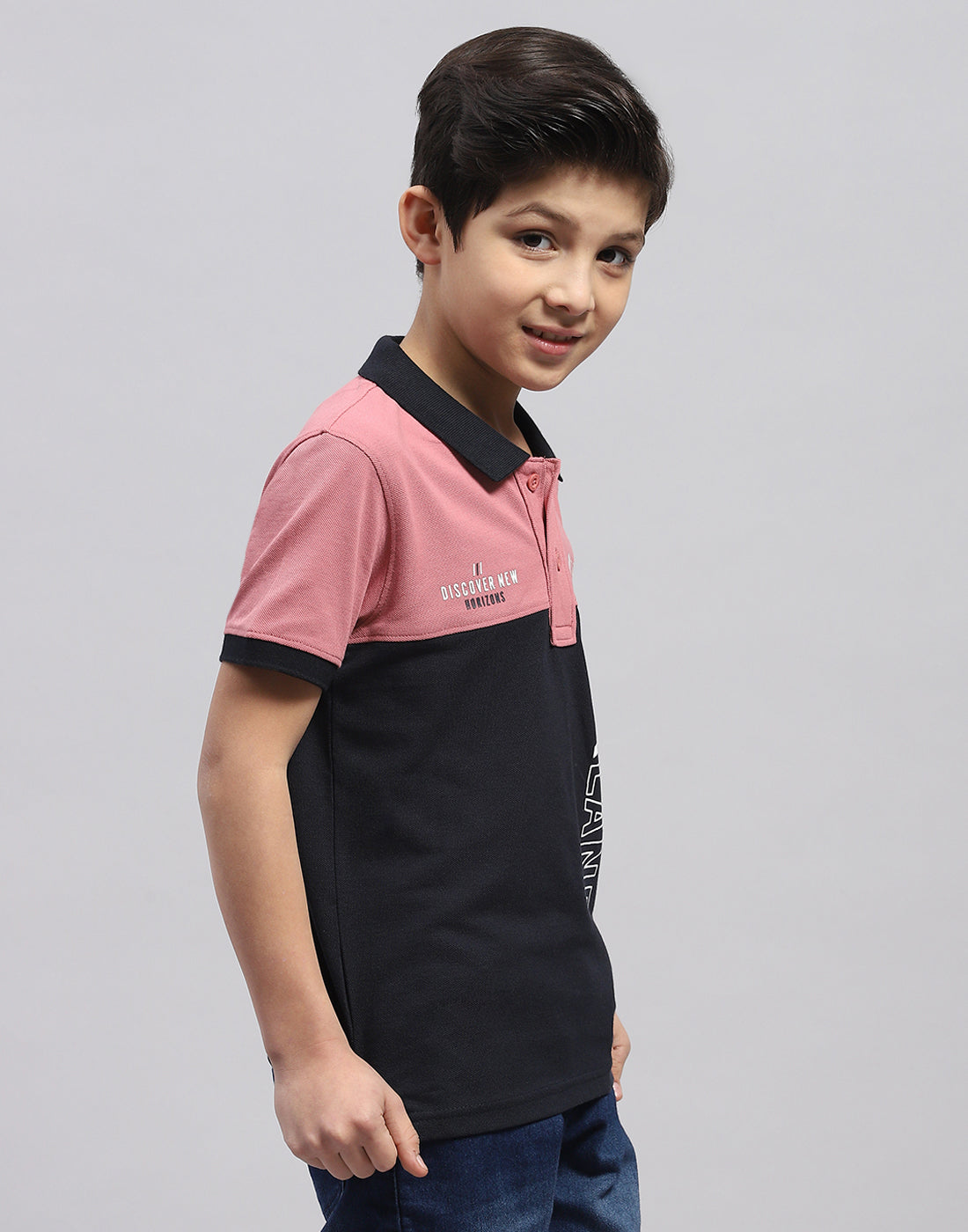 Boys Pink Printed Polo Collar Half Sleeve T-Shirt