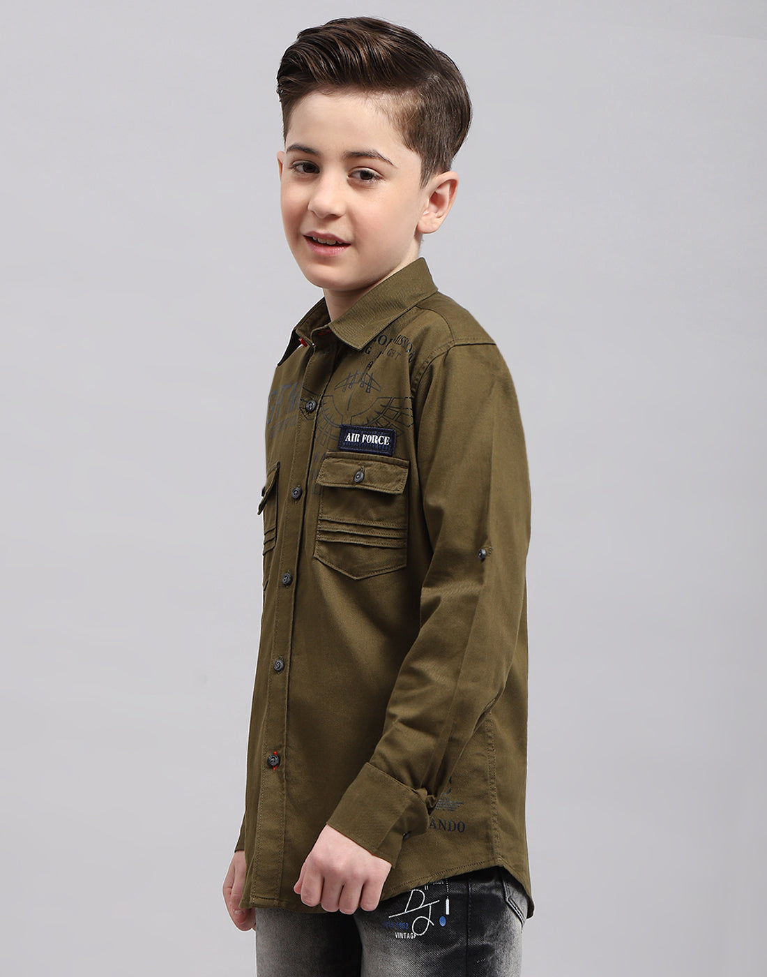 Boys Olive Solid Collar Full Sleeve Shirt