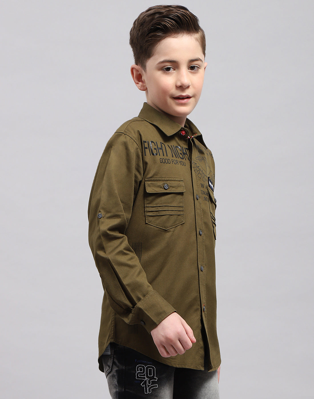 Boys Olive Solid Collar Full Sleeve Shirt
