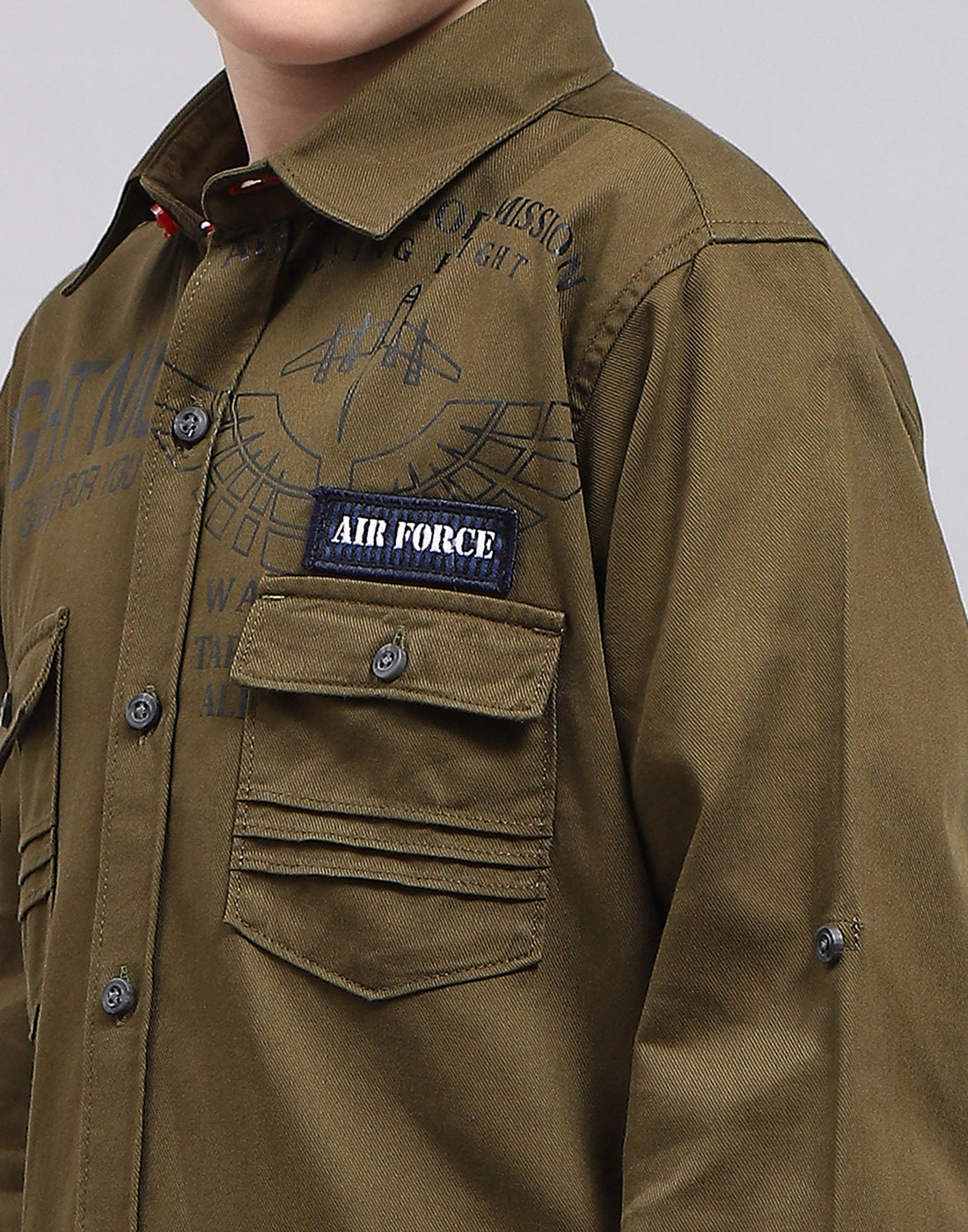 Boys Olive Solid Collar Full Sleeve Shirt