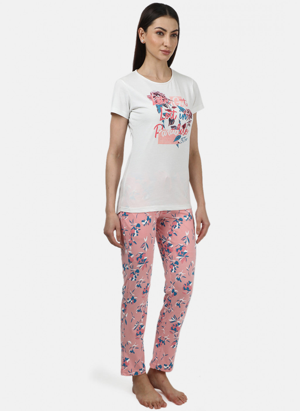 Womens Off White & Pink Printed Lower Sets