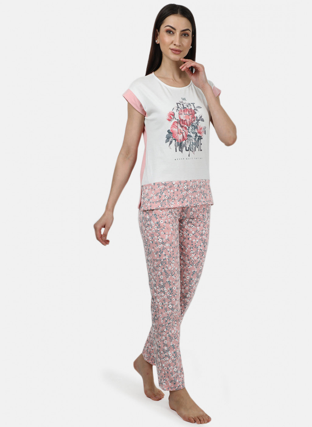 Womens Off White & Pink Printed Lower Sets