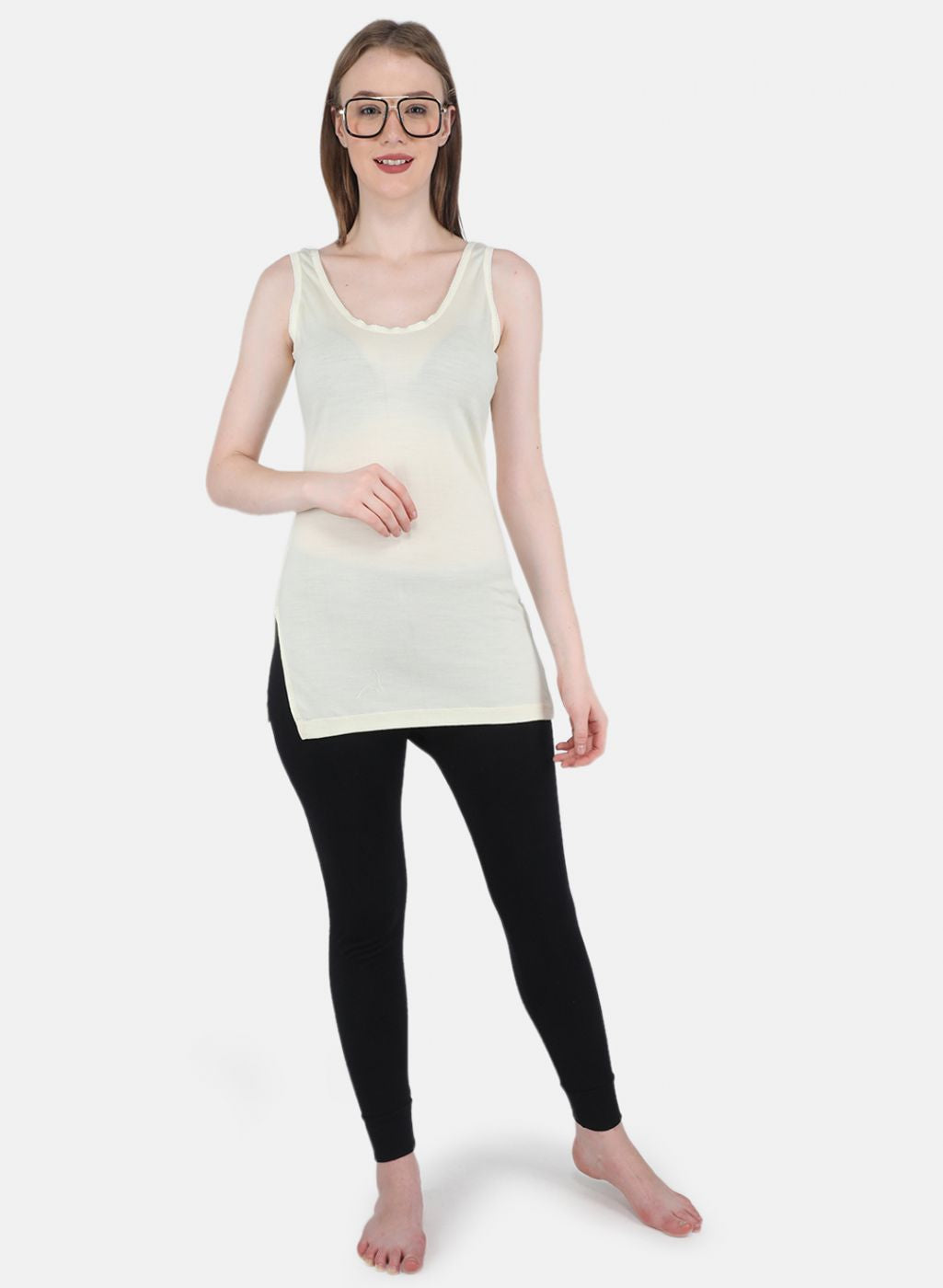 Women Cream Solid Thermal Vest