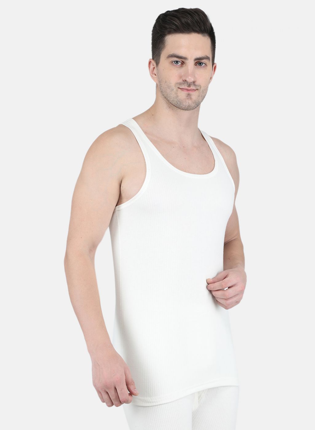 Men Off White Solid Thermal Vest