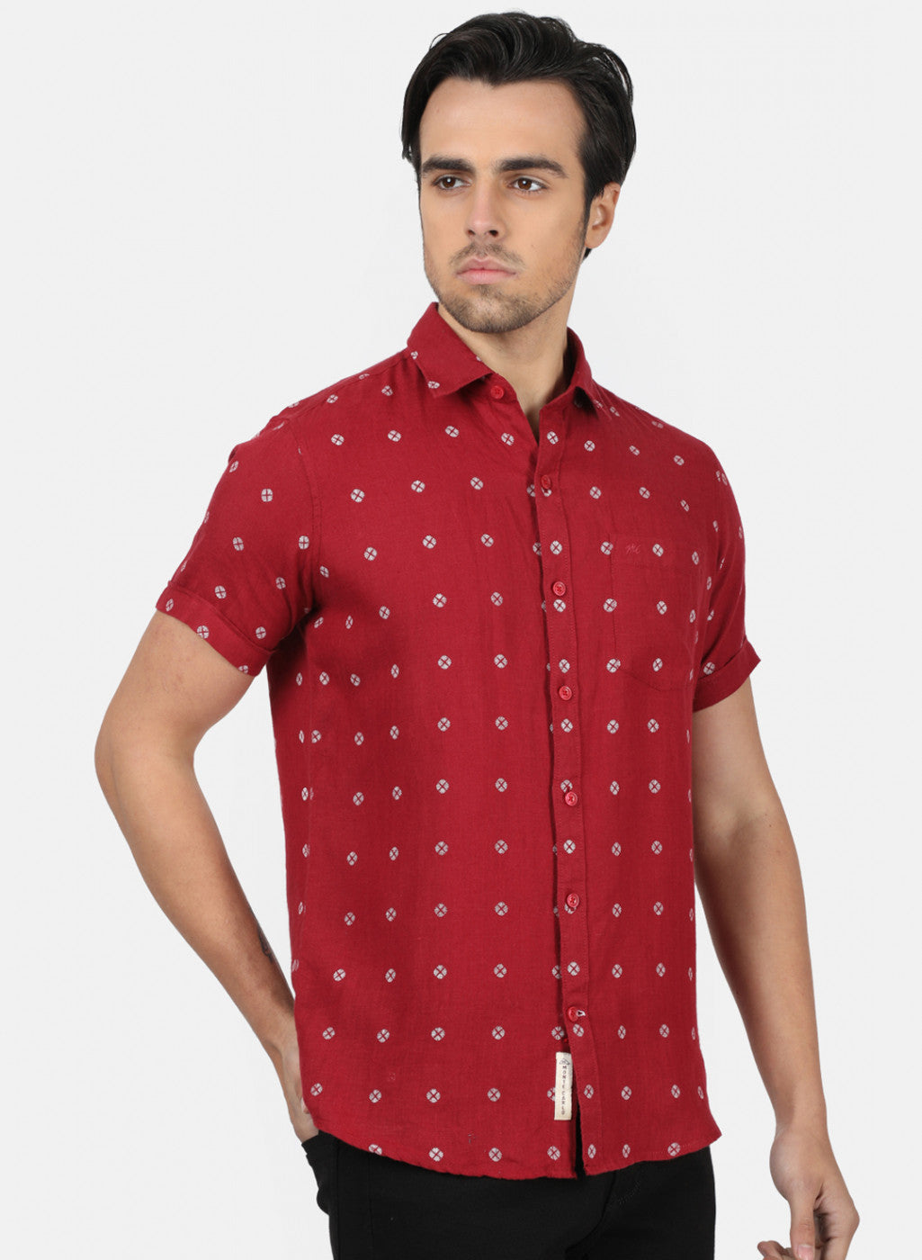 Men Maroon Printed Linen Shirt