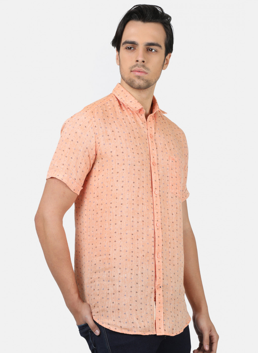 Men Light Orange Printed Linen Shirt